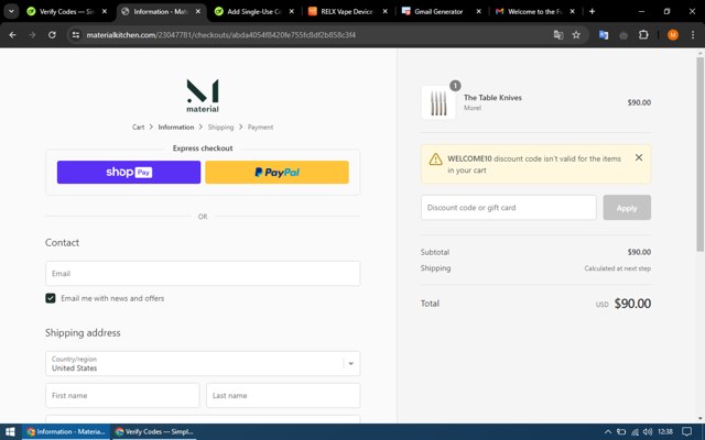 Material Kitchen checkout page showing Material Kitchen discount code box | Screenshot taken by SimplyCodes community member on May 15, 2024