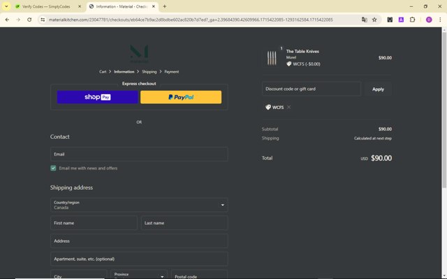 Material Kitchen checkout page showing Material Kitchen discount code box | Screenshot taken by SimplyCodes community member on May 11, 2024