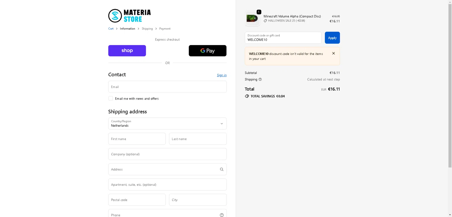 Materia Store discount code screenshot showing code WELCOME10 applied at Materia Store checkout page. Uploaded by SimplyCodes community member CleverLynx8583 on Oct 28, 2025