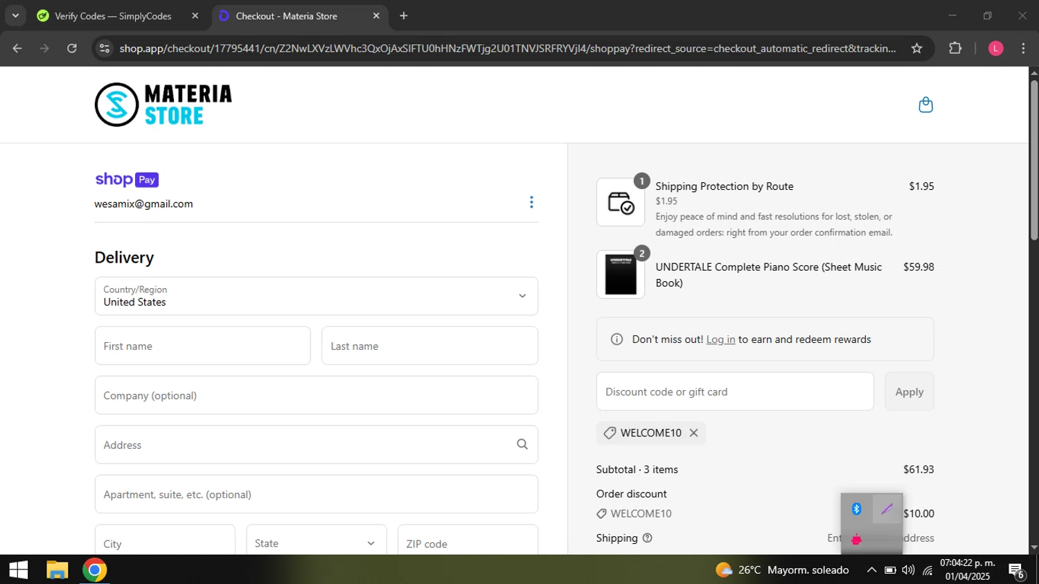Materia Store discount code screenshot showing code WELCOME10 applied at Materia Store checkout page. Uploaded by SimplyCodes community member coder_916642691 on Apr 1, 2025