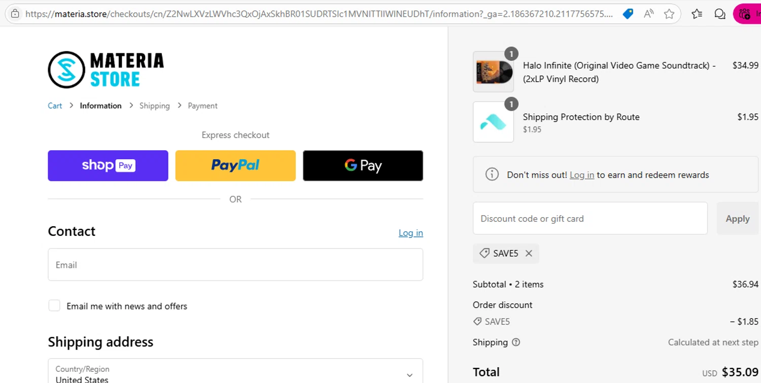 Materia Store discount code screenshot showing code save5 applied at Materia Store checkout page. Uploaded by SimplyCodes community member GloriousCollector9521 on Jan 11, 2025