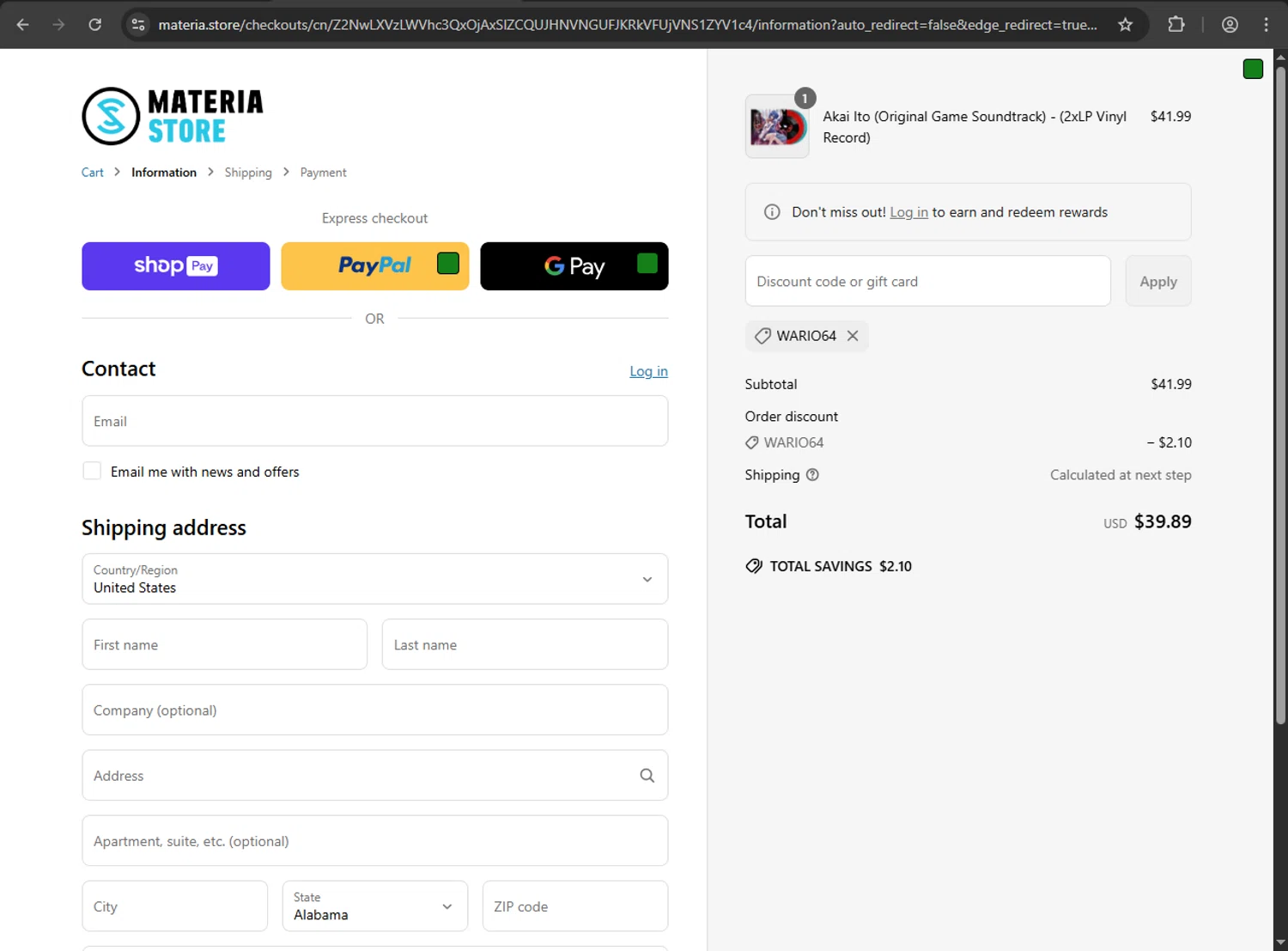 Materia Store discount code screenshot showing code WARIO64 applied at Materia Store checkout page. Uploaded by SimplyCodes community member JakePerrox on May 16, 2025