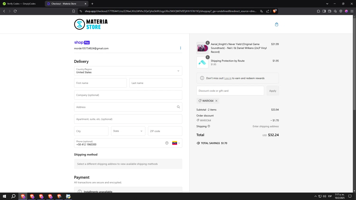 Materia Store discount code screenshot showing code WARIO64 applied at Materia Store checkout page. Uploaded by SimplyCodes community member kkkkkkkkkkkkkkkkkkkk on Feb 10, 2025