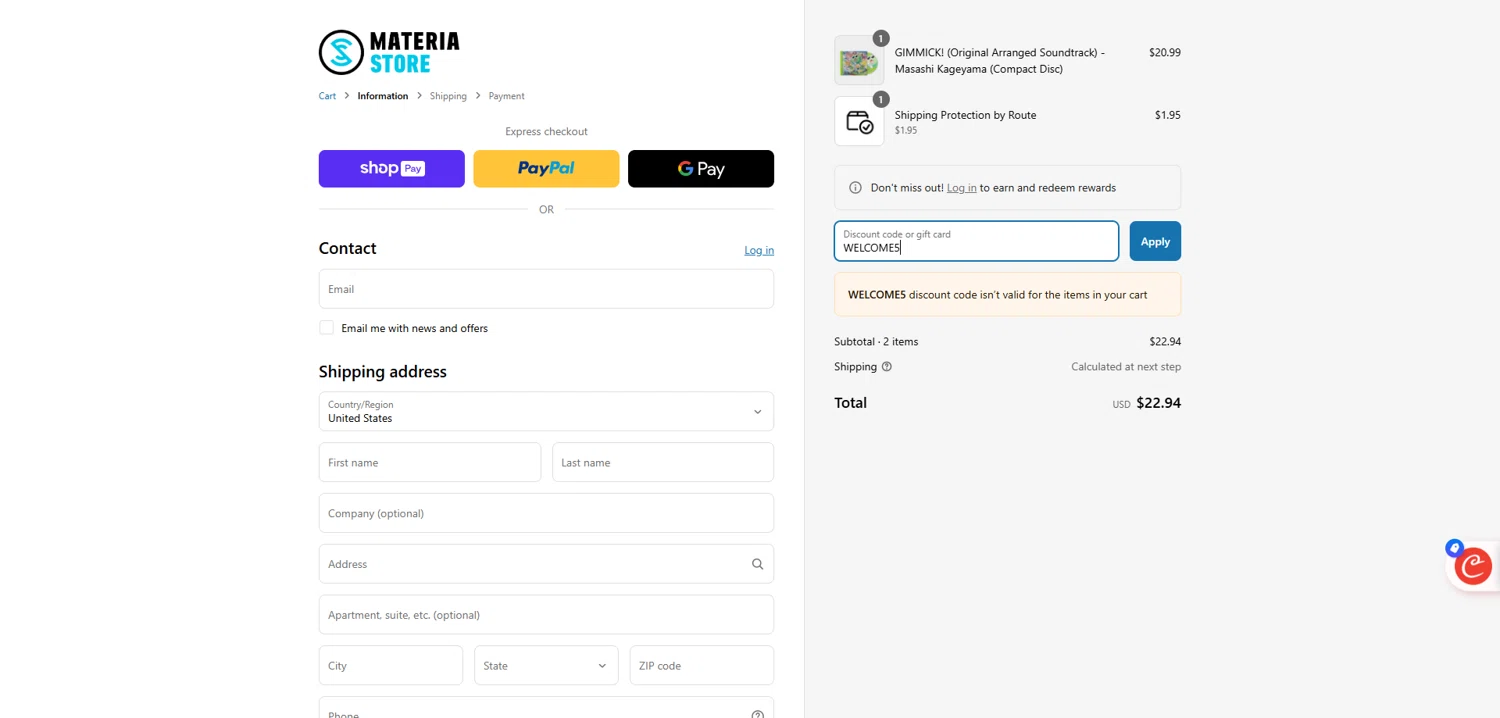 Materia Store discount code screenshot showing code WELCOME5 applied at Materia Store checkout page. Uploaded by SimplyCodes community member Dorothy on Apr 22, 2025