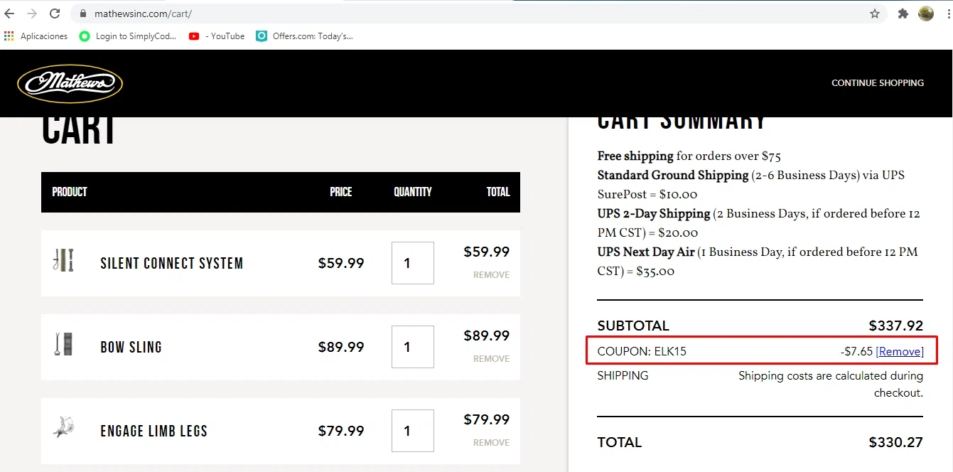 Mathews Archery checkout page showing Mathews Archery discount code box | Screenshot taken by SimplyCodes community member on Aug 24, 2020
