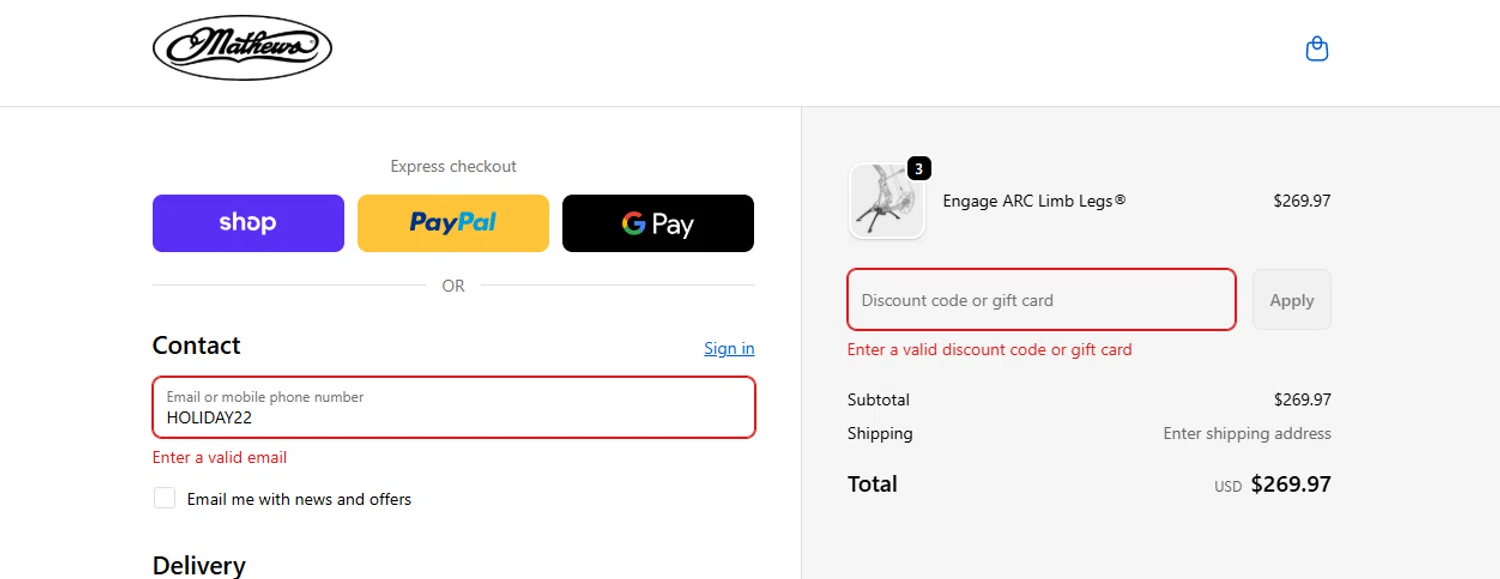 Mathews Archery discount code screenshot showing code HOLIDAY22 applied at Mathews Archery checkout page. Uploaded by SimplyCodes community member Halanweik on Feb 10, 2026