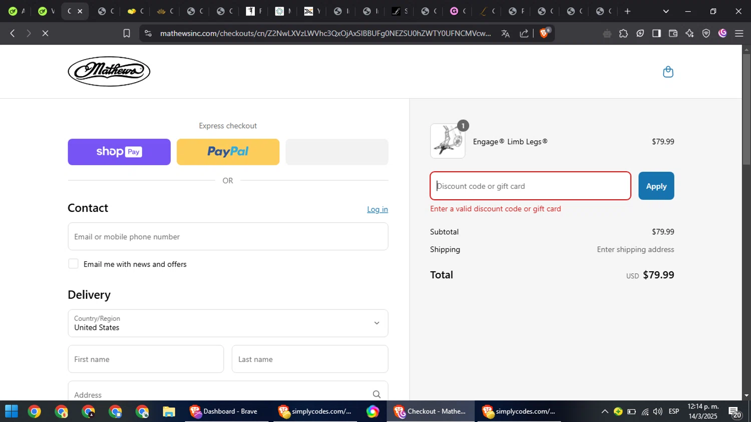 Mathews Archery discount code screenshot showing code SUMMER20 applied at Mathews Archery checkout page. Uploaded by SimplyCodes community member NobleFox488 on Mar 14, 2025