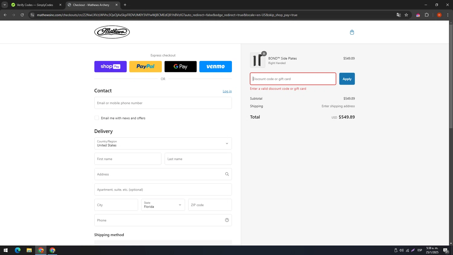 Mathews Archery discount code screenshot showing code TAKE5 applied at Mathews Archery checkout page. Uploaded by SimplyCodes community member usename on Jan 25, 2025