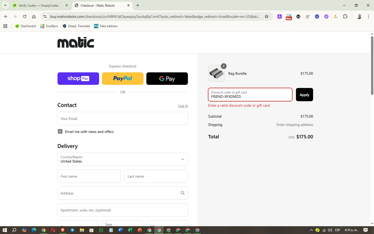 Matic promo code screenshot showing code FRIEND-8FXDMZG applied at Matic checkout page. Uploaded by SimplyCodes community member Washington on Aug 10, 2025