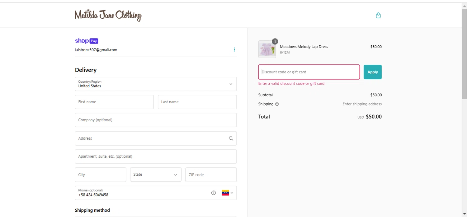 Matilda Jane Clothing coupon code screenshot showing code BLKT23 applied at Matilda Jane Clothing checkout page. Uploaded by SimplyCodes community member luislopez669902715 on Feb 24, 2025