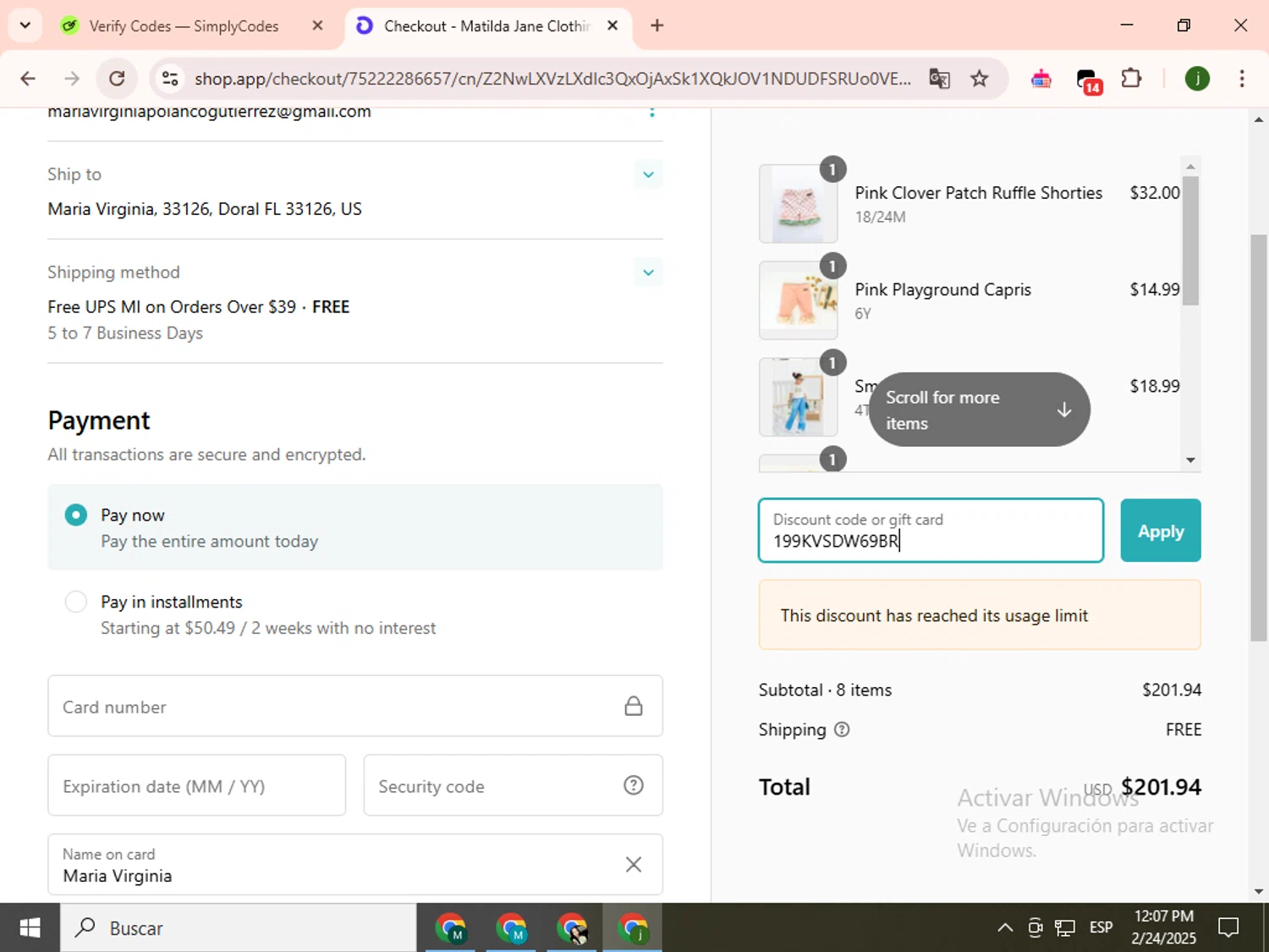 Matilda Jane Clothing coupon code screenshot showing code 199KVSDW69BR applied at Matilda Jane Clothing checkout page. Uploaded by SimplyCodes community member SavingsCollector2592 on Feb 24, 2025