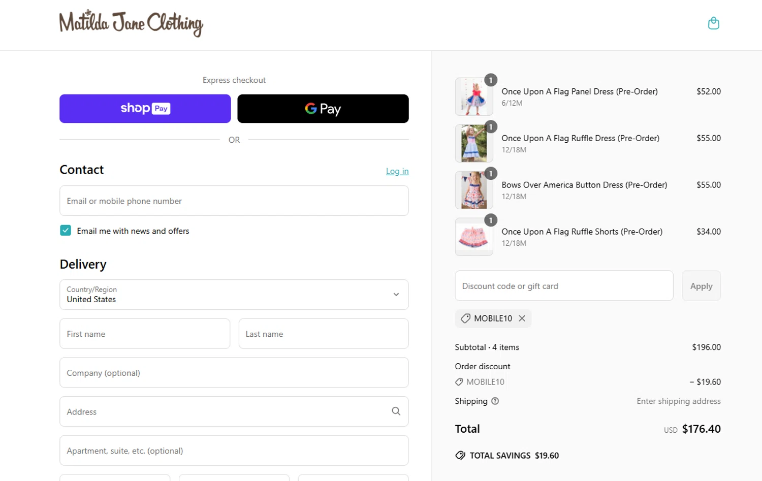 Matilda Jane Clothing coupon code screenshot showing code MOBILE10 applied at Matilda Jane Clothing checkout page. Uploaded by SimplyCodes community member RubiDg on May 10, 2025