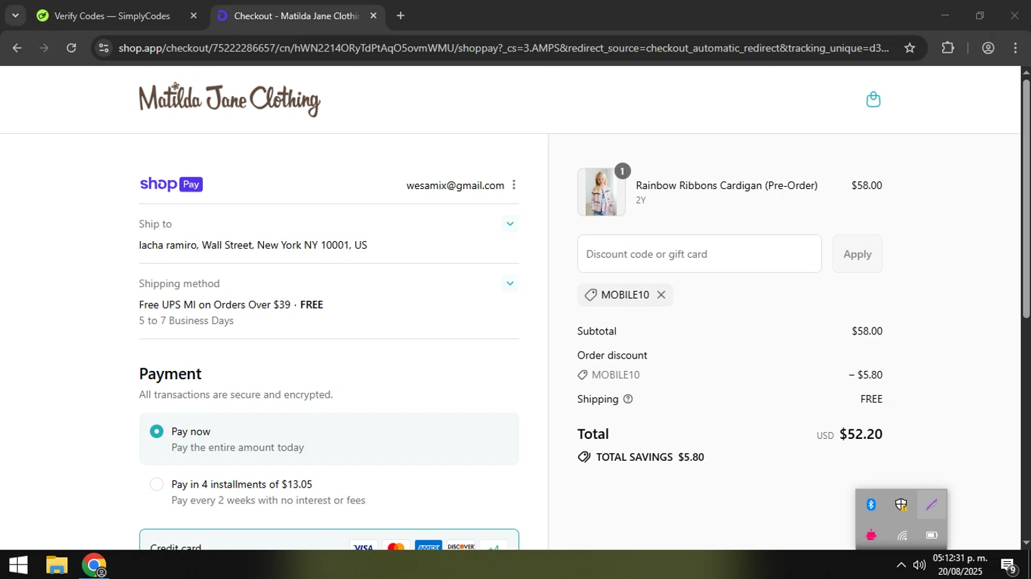 Matilda Jane Clothing coupon code screenshot showing code MOBILE10 applied at Matilda Jane Clothing checkout page. Uploaded by SimplyCodes community member coder_916642691 on Aug 20, 2025