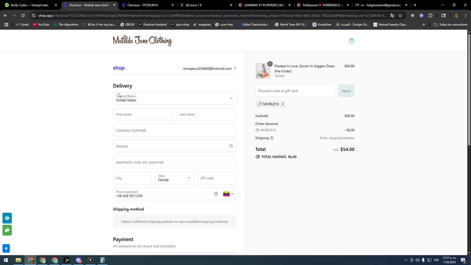 Matilda Jane Clothing coupon code screenshot showing code MOBILE10 applied at Matilda Jane Clothing checkout page. Uploaded by SimplyCodes community member DonPollito on Aug 11, 2025