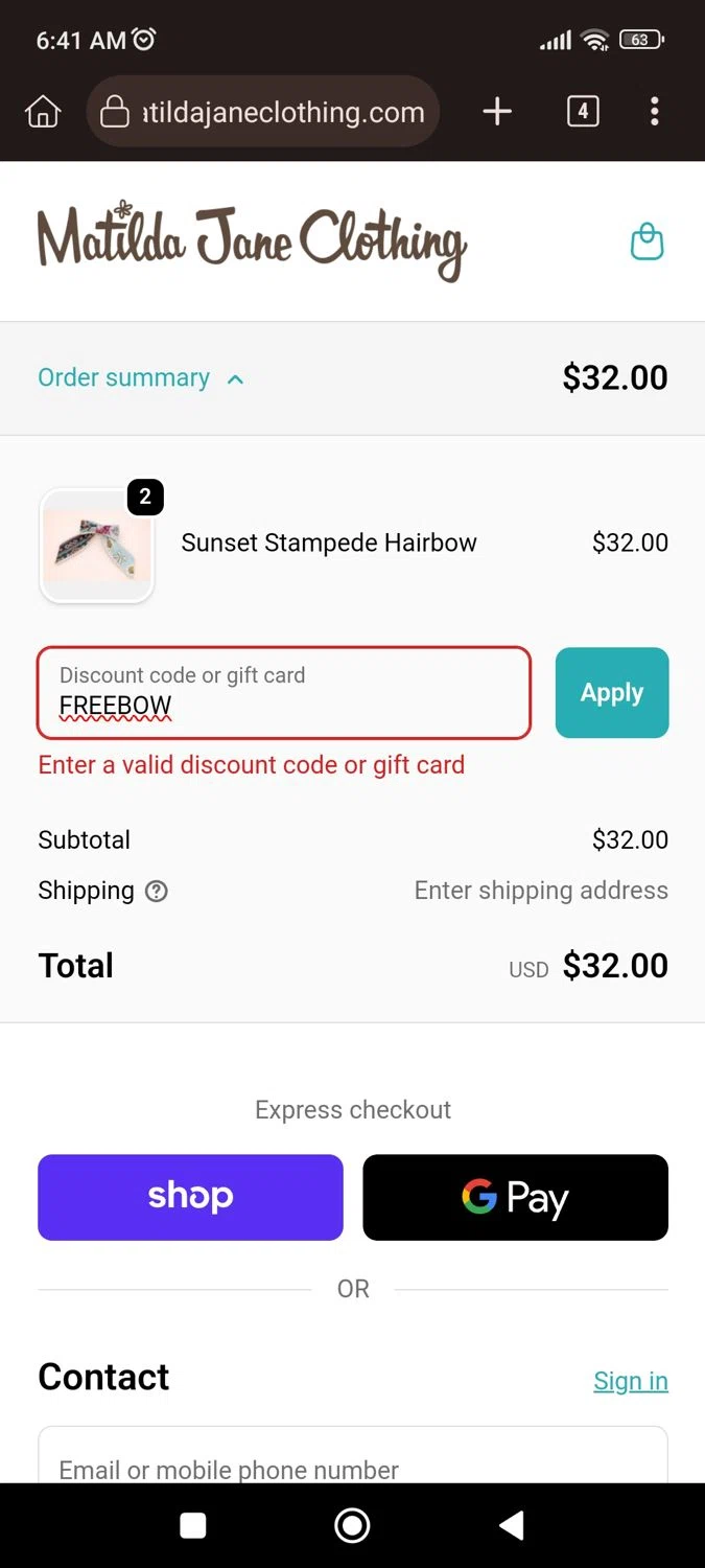 Matilda Jane Clothing coupon code screenshot showing code FREEBOW applied at Matilda Jane Clothing checkout page. Uploaded by SimplyCodes community member CrownLion2750 on Jan 20, 2026