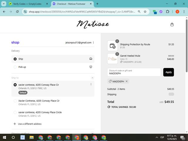 Matisse Footwear checkout page showing Matisse Footwear discount code box | Screenshot taken by SimplyCodes community member on Sep 12, 2025