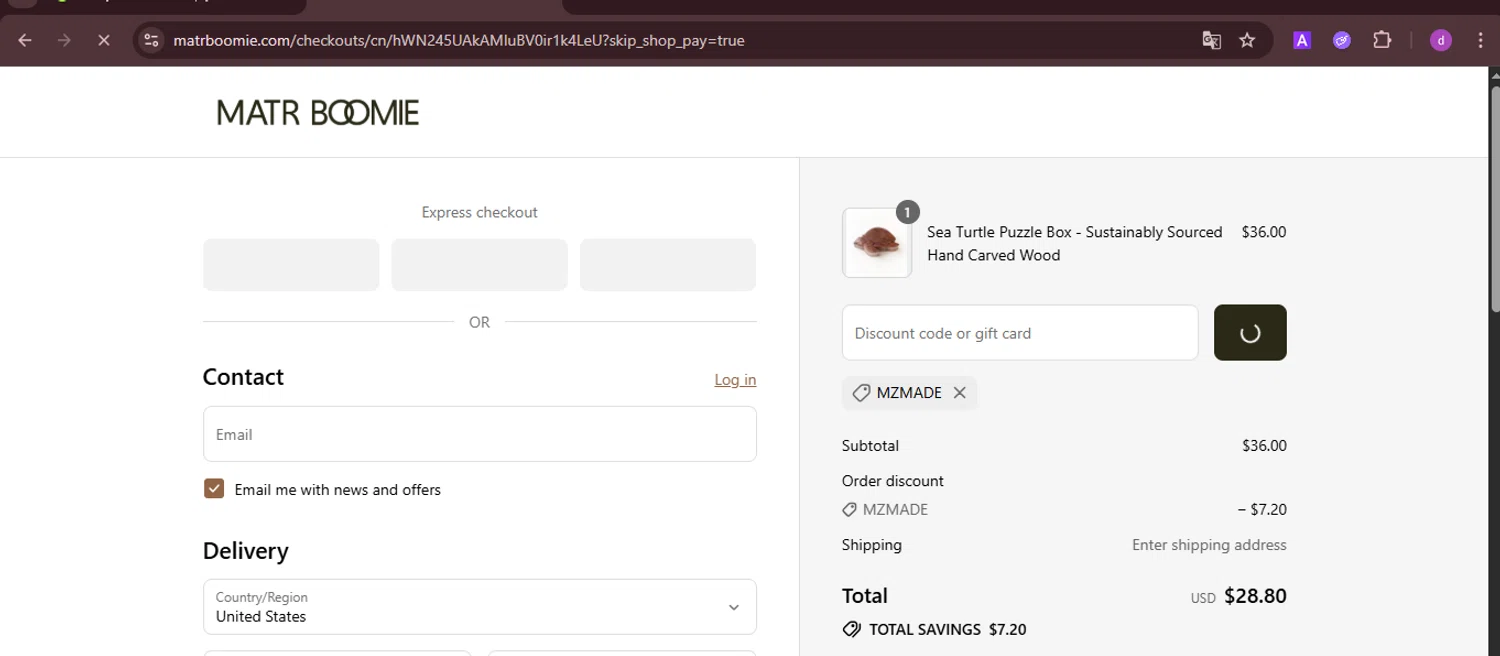 Matrboomie promo code screenshot showing code MZMADE applied at Matrboomie checkout page. Uploaded by SimplyCodes community member PennyTiger4891 on Aug 21, 2025