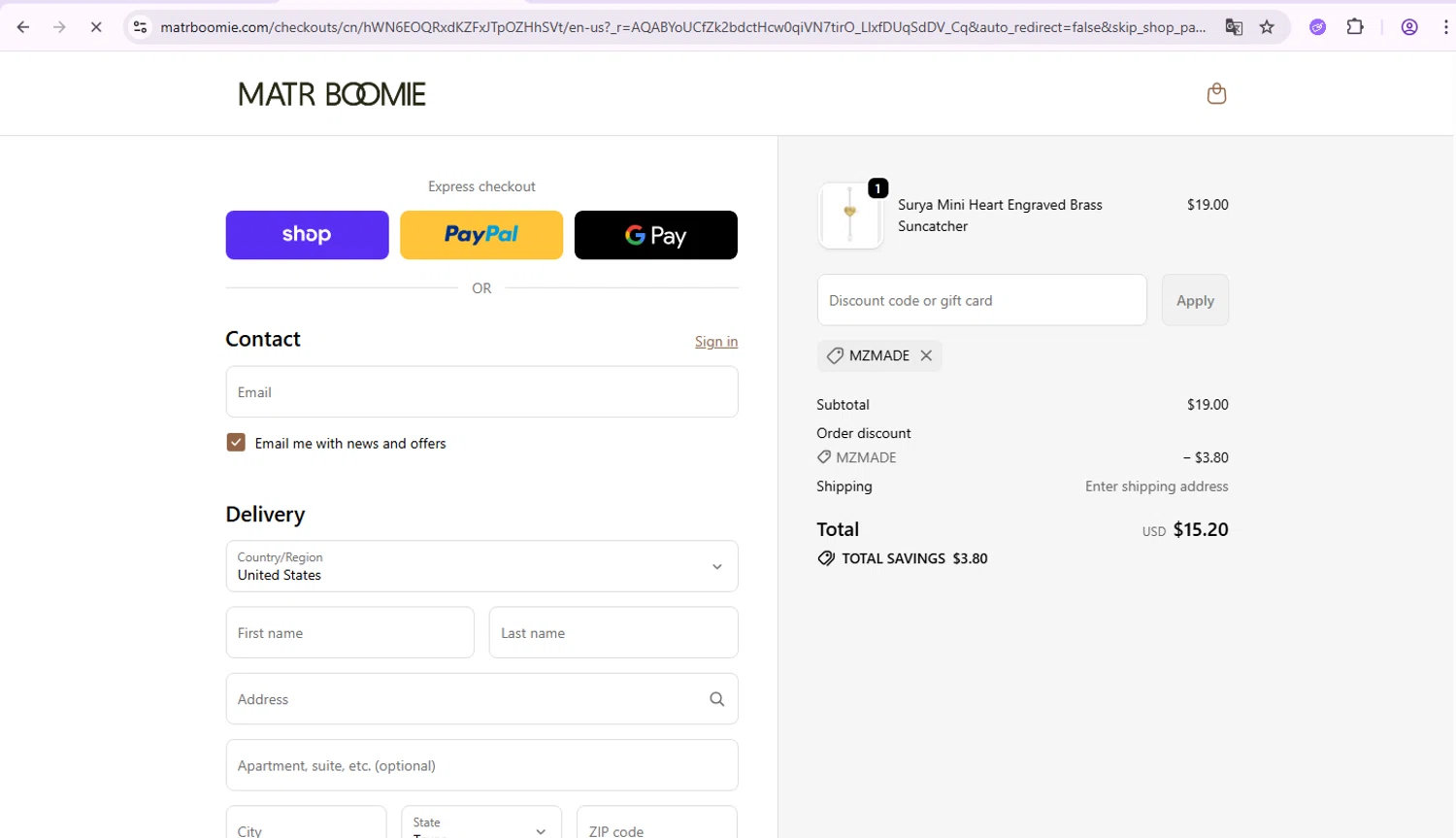 Matrboomie promo code screenshot showing code MZMADE applied at Matrboomie checkout page. Uploaded by SimplyCodes community member SmartDefender5487 on Dec 9, 2025