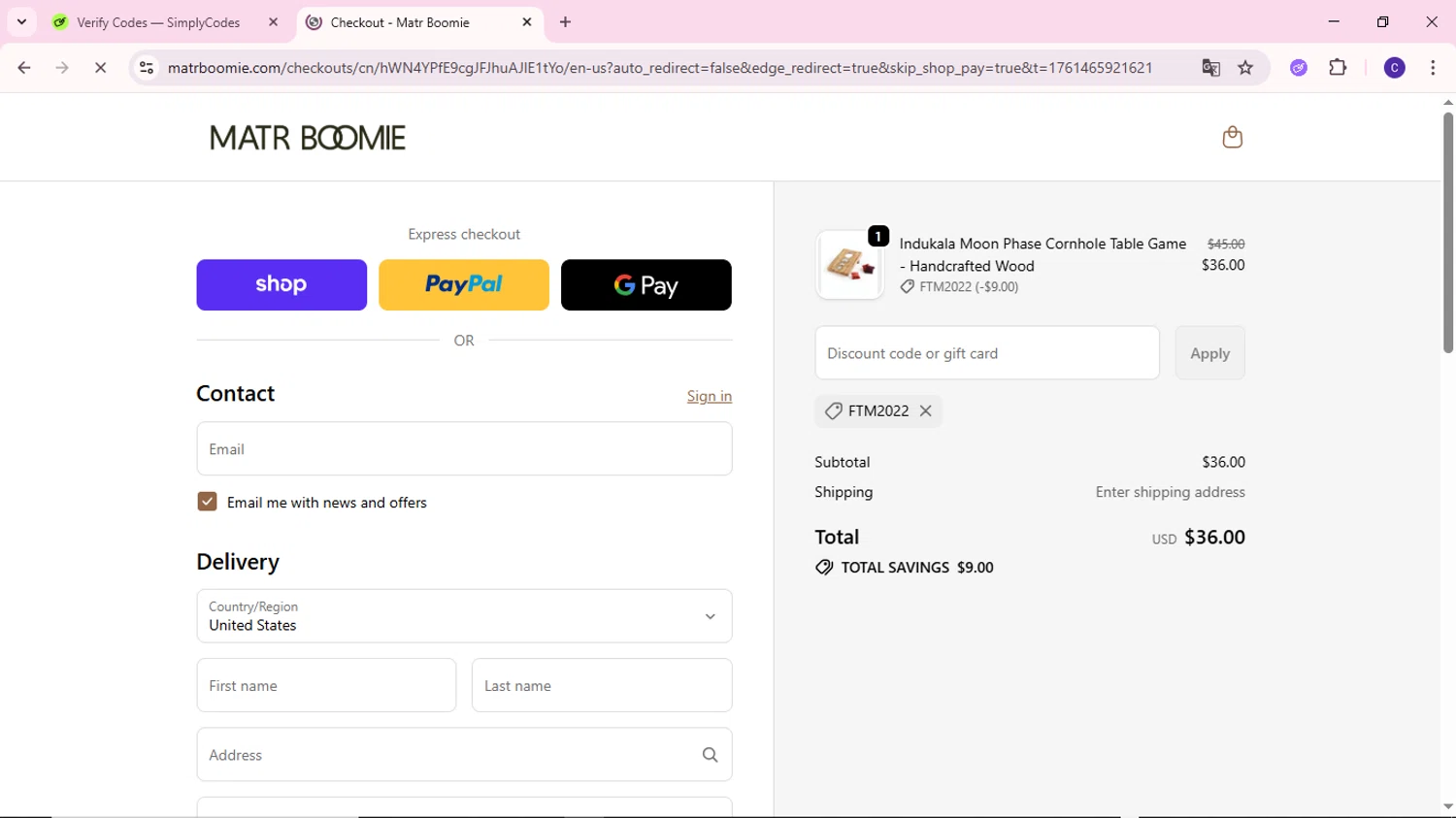 Matrboomie promo code screenshot showing code FTM2022 applied at Matrboomie checkout page. Uploaded by SimplyCodes community member MoneyWizard2699 on Oct 26, 2025
