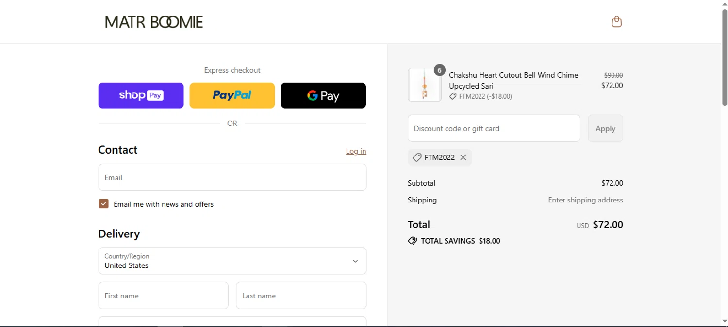 Matrboomie promo code screenshot showing code FTM2022 applied at Matrboomie checkout page. Uploaded by SimplyCodes community member cuponbara on Aug 21, 2025