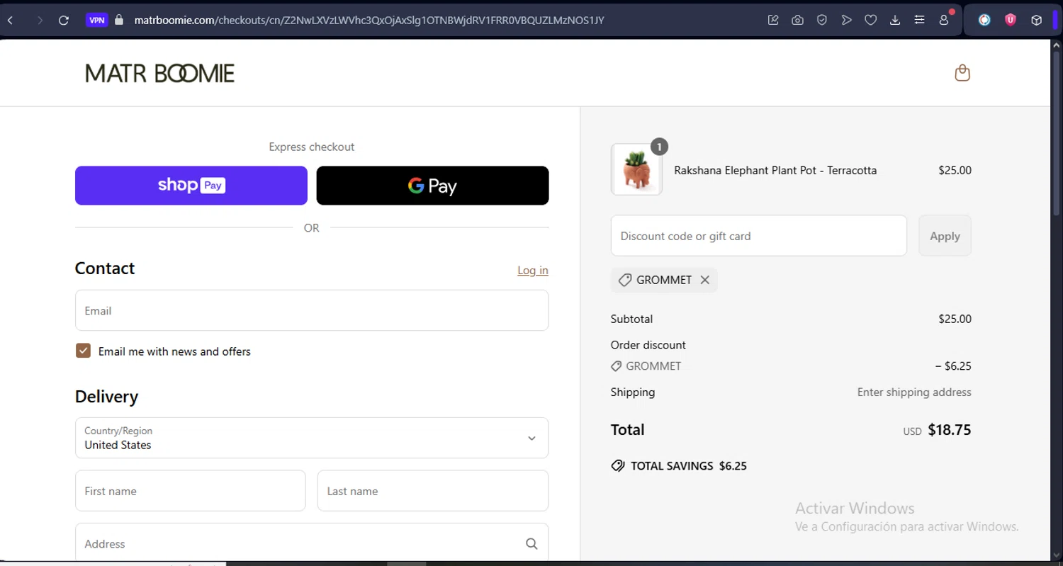 Matrboomie promo code screenshot showing code GROMMET applied at Matrboomie checkout page. Uploaded by SimplyCodes community member Alecupons on Jun 7, 2025