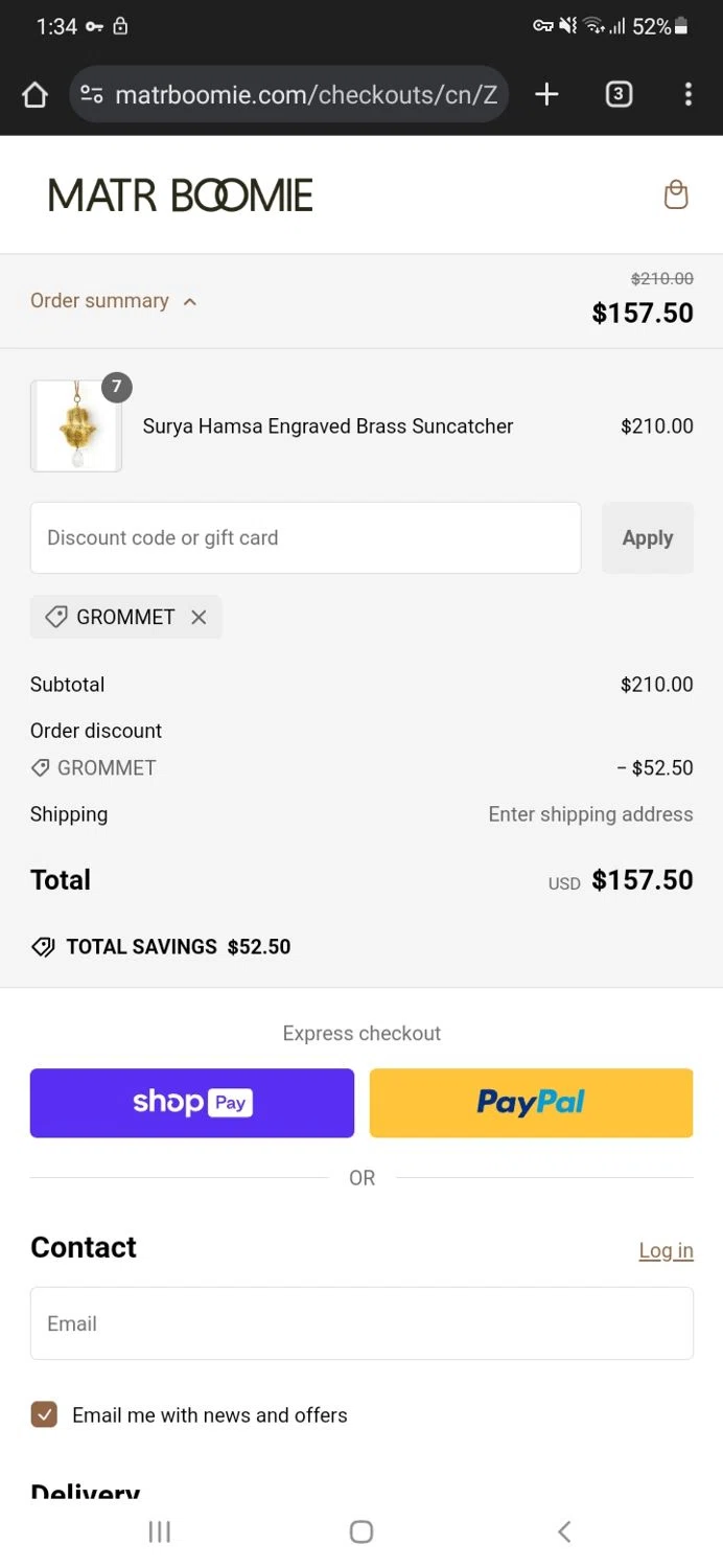 Matrboomie promo code screenshot showing code GROMMET applied at Matrboomie checkout page. Uploaded by SimplyCodes community member simplycodescupons on Jan 13, 2025