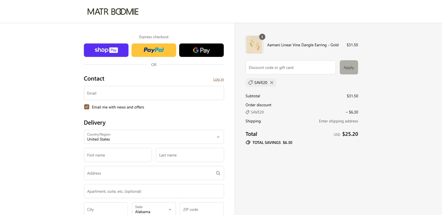 Matrboomie promo code screenshot showing code SAVE20 applied at Matrboomie checkout page. Uploaded by SimplyCodes community member kalltrom21 on Jul 26, 2025