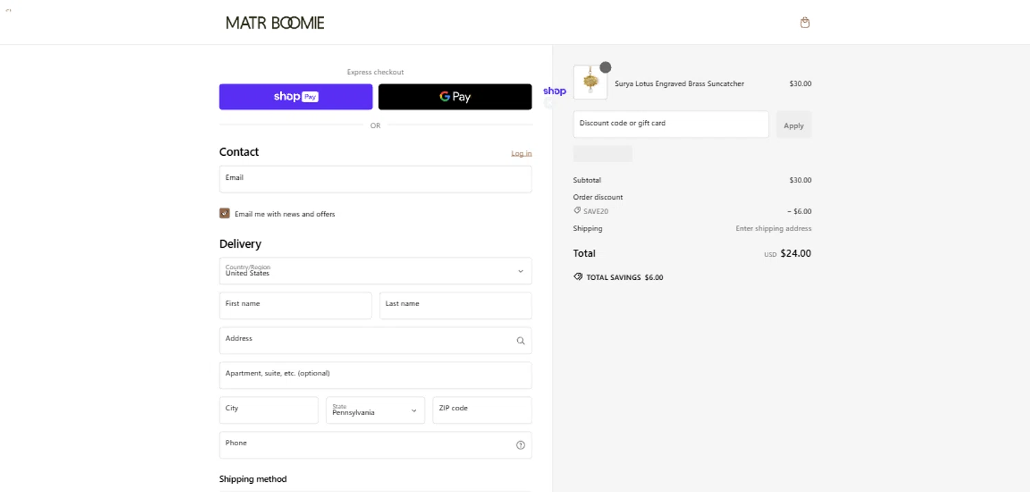 Matrboomie promo code screenshot showing code SAVE20 applied at Matrboomie checkout page. Uploaded by SimplyCodes community member RewardTitan728 on Jan 19, 2025
