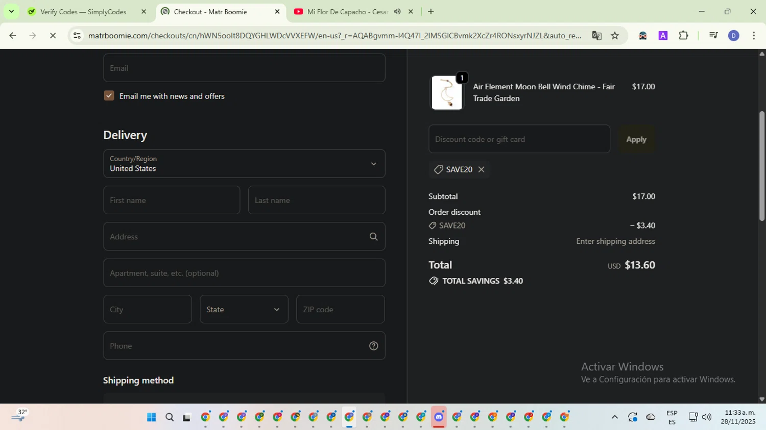 Matrboomie promo code screenshot showing code SAVE20 applied at Matrboomie checkout page. Uploaded by SimplyCodes community member VoucherTitan8325 on Nov 28, 2025