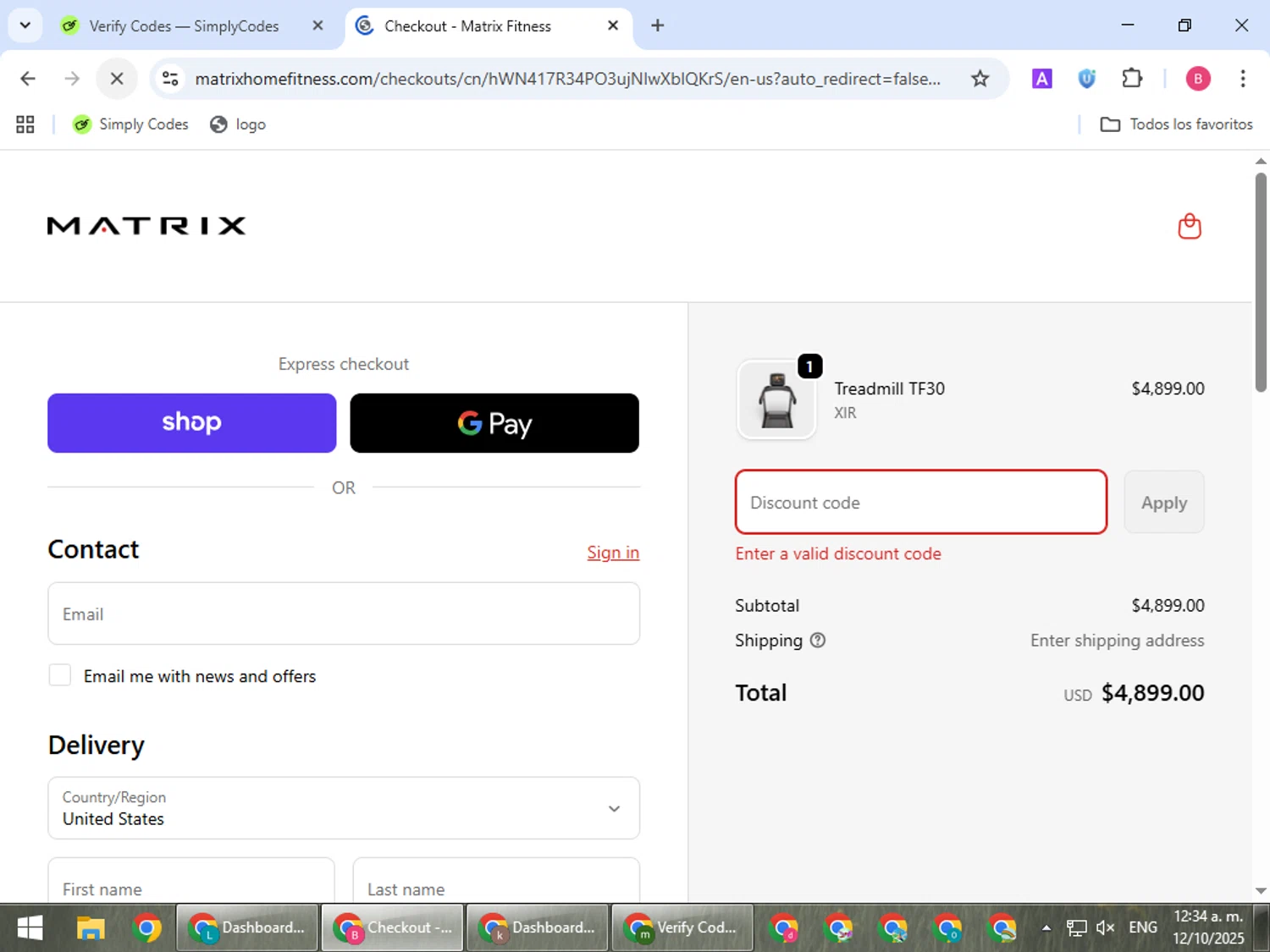 Matrix Fitness promo code screenshot showing code MATRIX6 applied at Matrix Fitness checkout page. Uploaded by SimplyCodes community member bombontropical on Oct 12, 2025