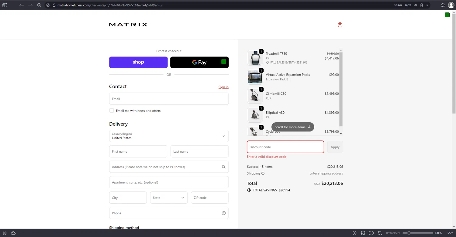 Matrix Fitness promo code screenshot showing code MATRIX6 applied at Matrix Fitness checkout page. Uploaded by SimplyCodes community member webiwabo on Oct 12, 2025