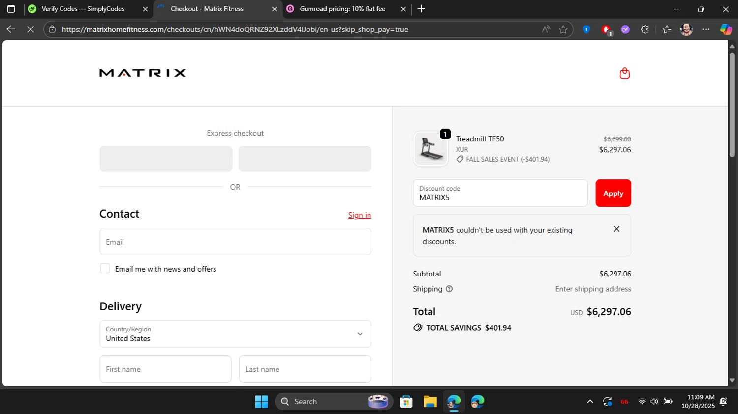 Matrix Fitness promo code screenshot showing code MATRIX5 applied at Matrix Fitness checkout page. Uploaded by SimplyCodes community member Blackleg_Sanji on Oct 28, 2025