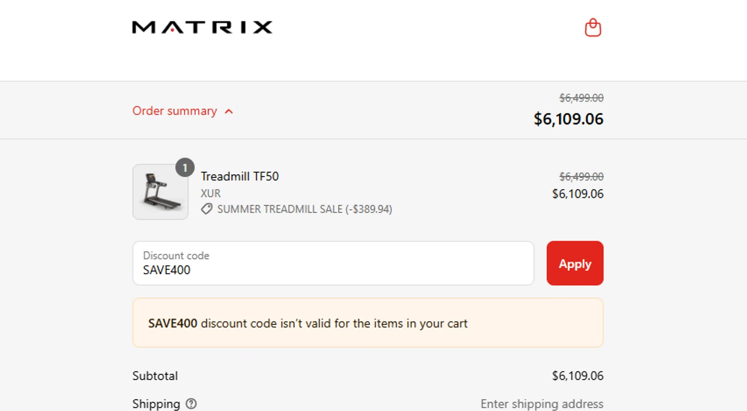 Matrix Fitness promo code screenshot showing code SAVE400 applied at Matrix Fitness checkout page. Uploaded by SimplyCodes community member ashe1986 on Jul 29, 2025
