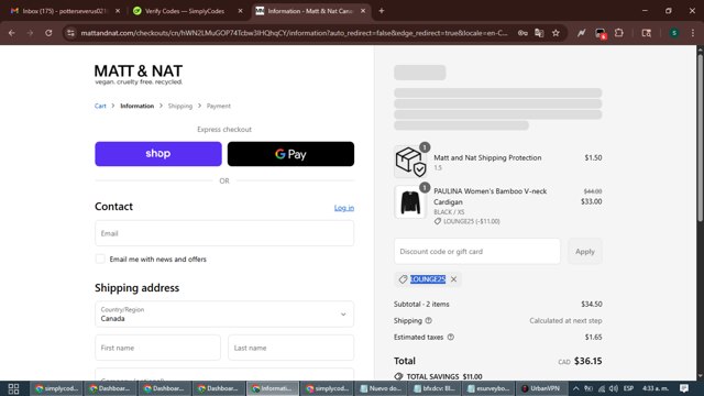 Matt & Nat checkout page showing Matt & Nat coupon code box | Screenshot taken by SimplyCodes community member on Aug 29, 2025