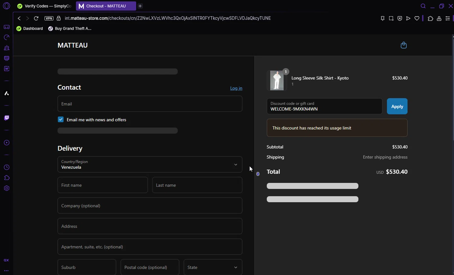 Matteau discount code screenshot showing code WELCOME-9MXKN4WN applied at Matteau checkout page. Uploaded by SimplyCodes community member Darka007 on Apr 26, 2025