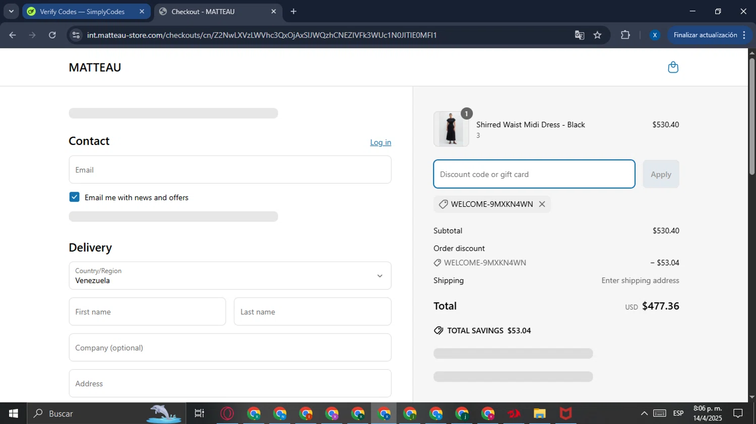 Matteau checkout page showing Matteau discount code box | Screenshot taken by SimplyCodes community member on Apr 15, 2025