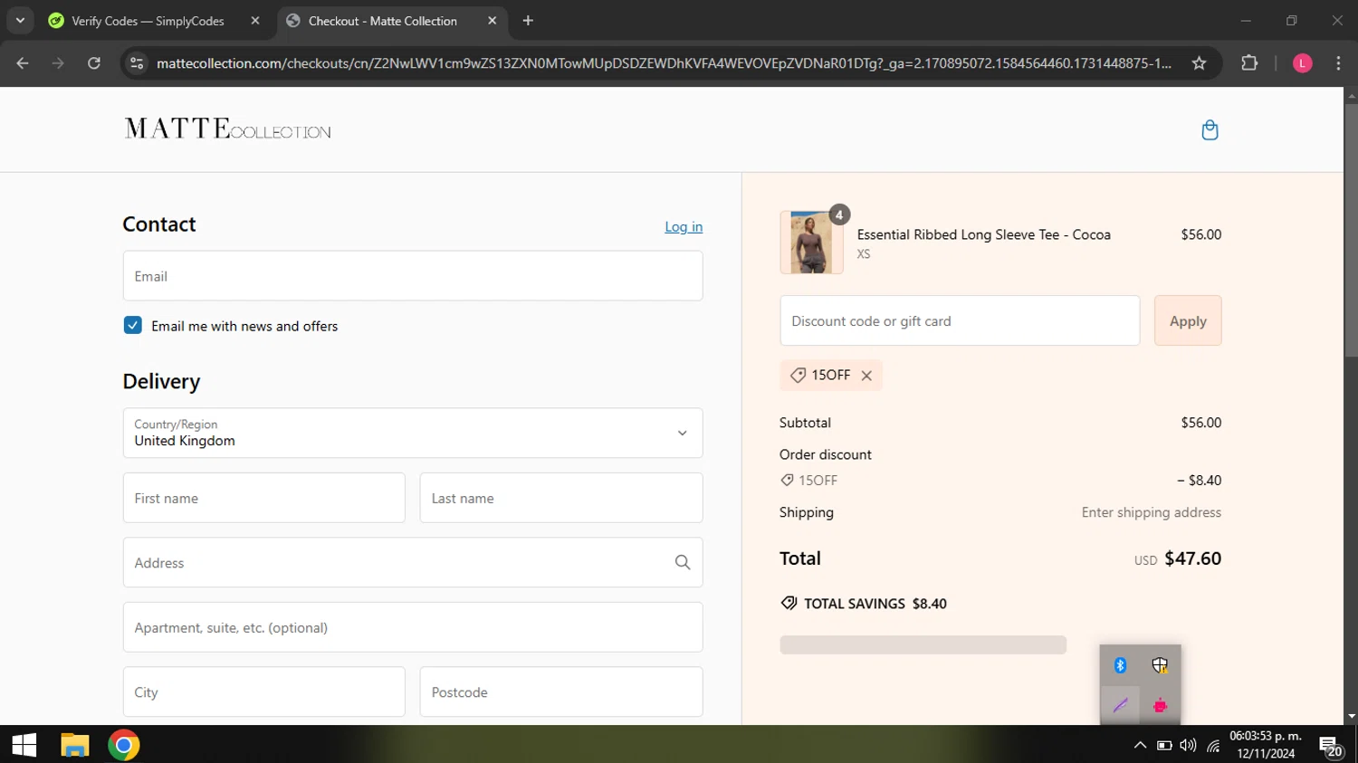 where to use Matte Collection promo code box