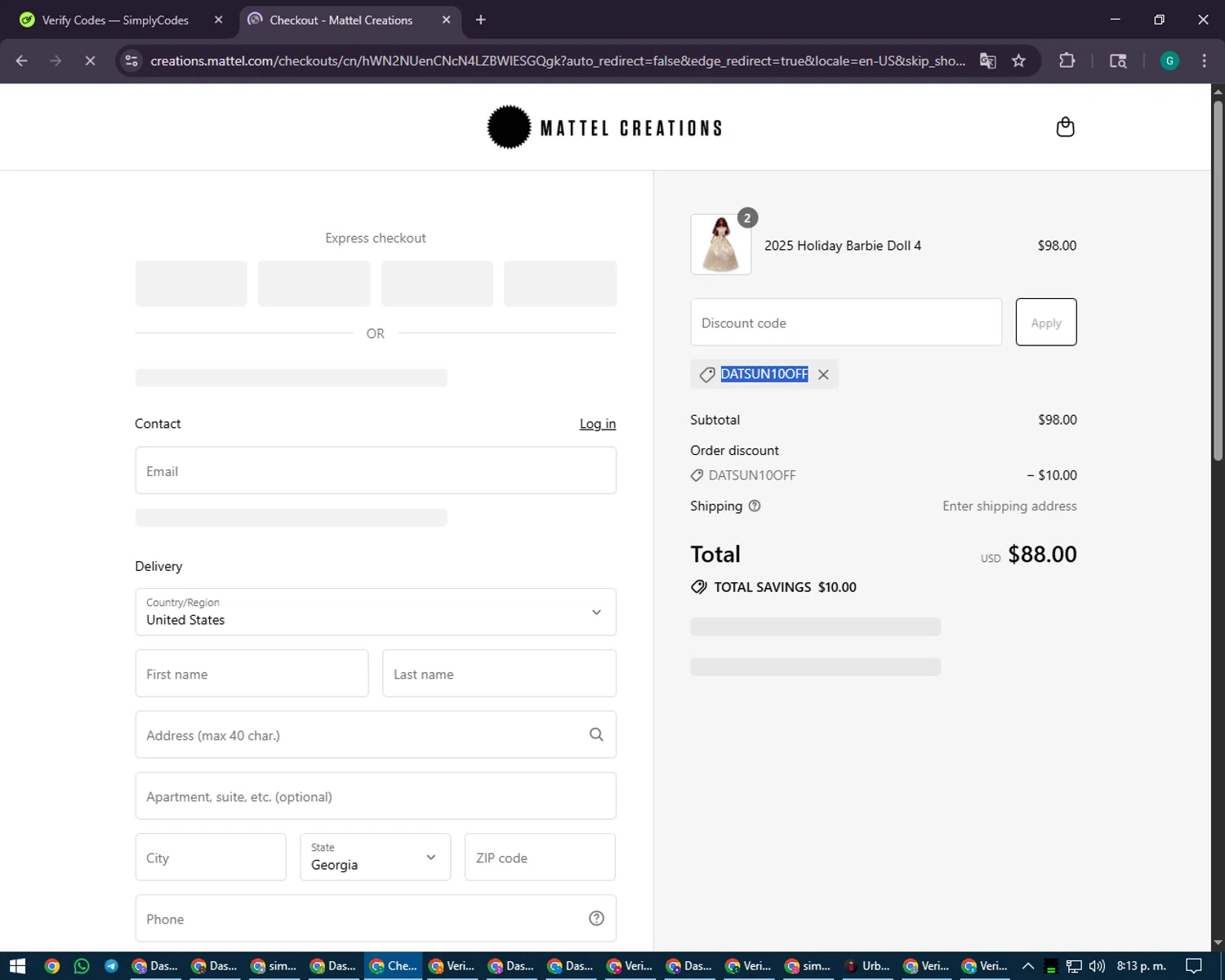 Mattel promo code screenshot showing code DATSUN10OFF applied at Mattel checkout page. Uploaded by SimplyCodes community member PennyFinder5759 on Aug 30, 2025