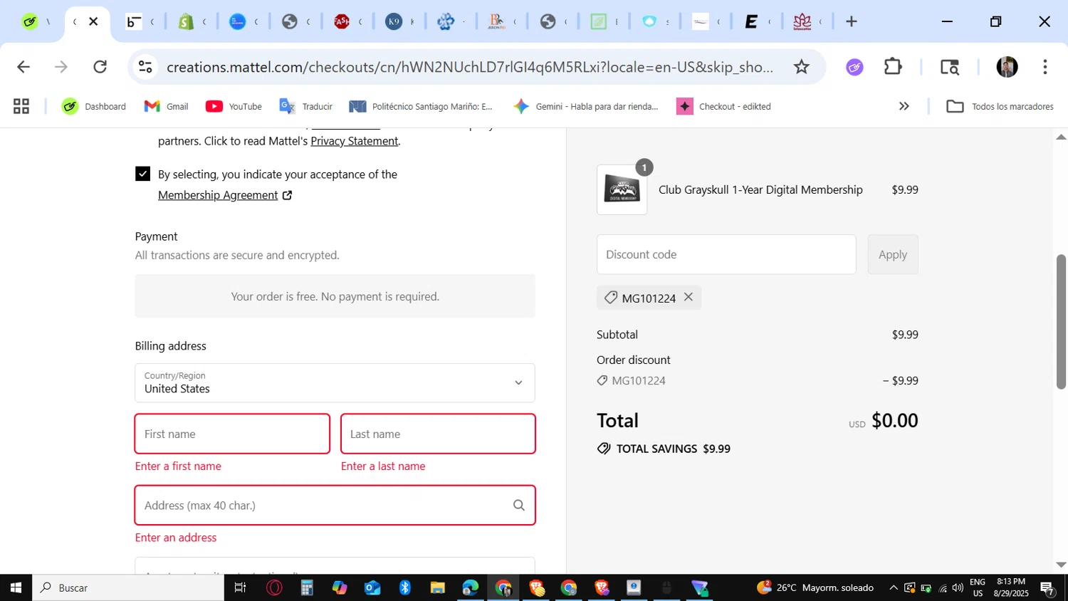 Mattel promo code screenshot showing code MG101224 applied at Mattel checkout page. Uploaded by SimplyCodes community member KataldoMustafack on Aug 30, 2025