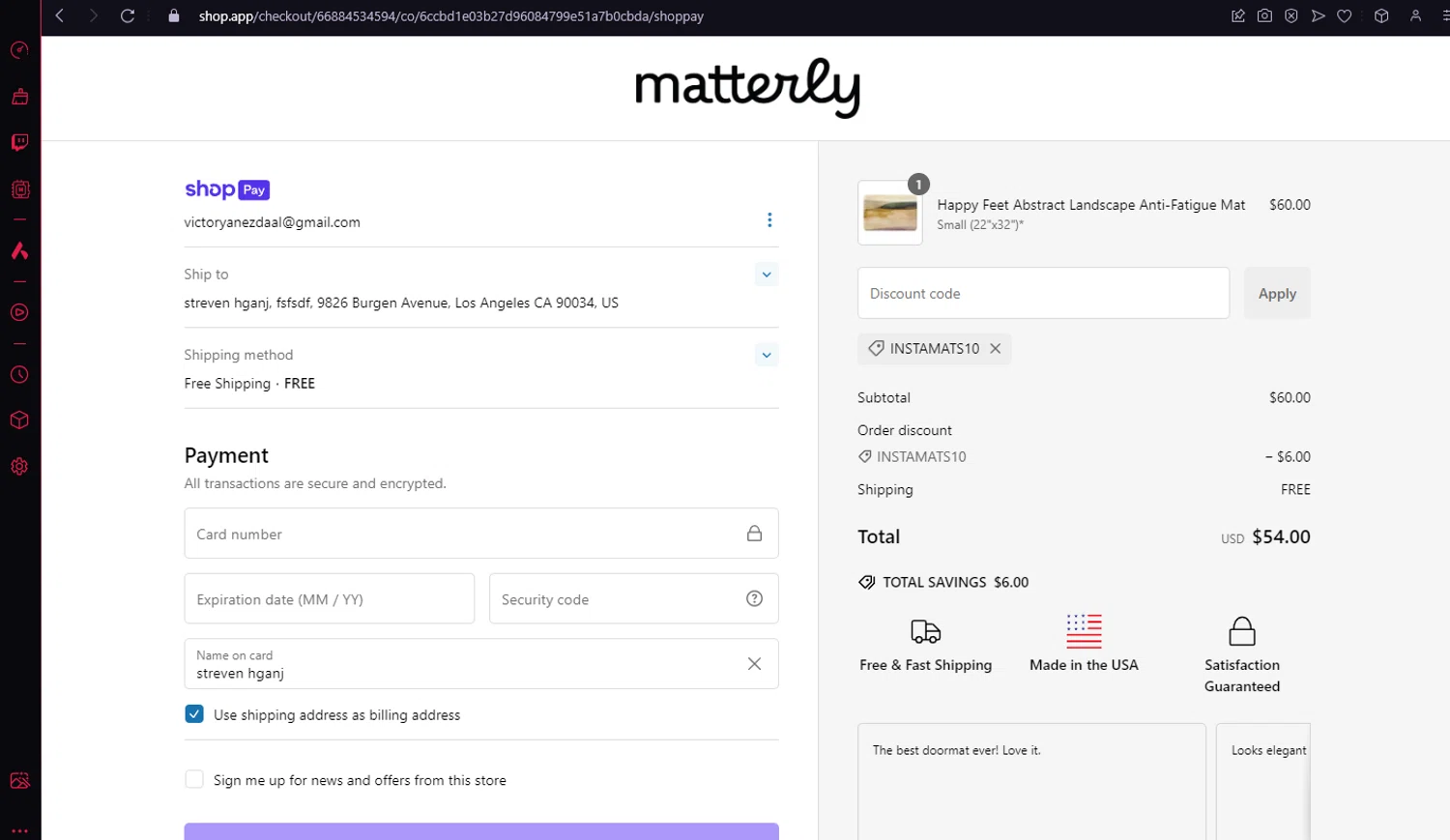 Matterly, LLC promo code screenshot showing code INSTAMATS10 applied at Matterly, LLC checkout page. Uploaded by SimplyCodes community member BitPay on Dec 31, 2024