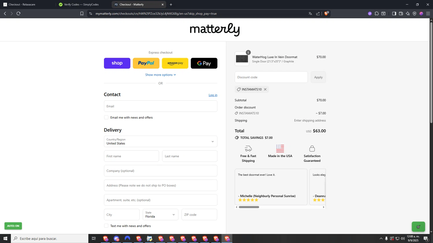 Matterly, LLC promo code screenshot showing code INSTAMATS10 applied at Matterly, LLC checkout page. Uploaded by SimplyCodes community member VictoriousDefender7352 on Sep 9, 2025
