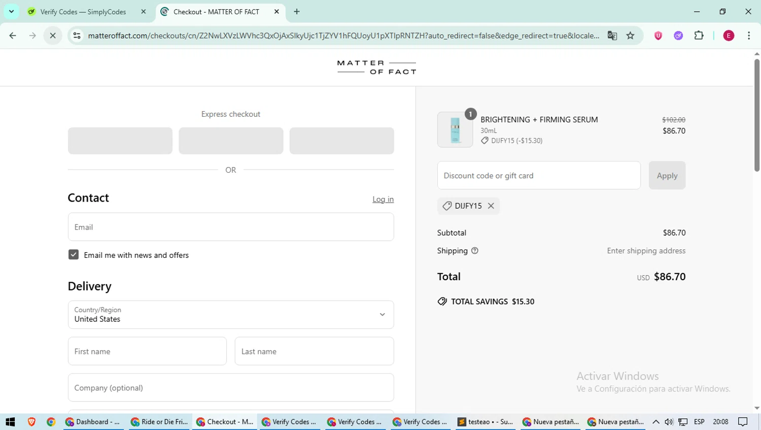 Matter Of Fact promo code screenshot showing code DIJFY15 applied at Matter Of Fact checkout page. Uploaded by SimplyCodes community member BrilliantWhiz4434 on Jun 19, 2025