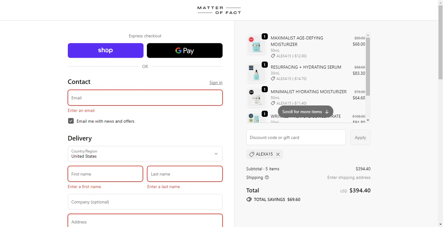 Matter Of Fact promo code screenshot showing code ALEXA15 applied at Matter Of Fact checkout page. Uploaded by SimplyCodes community member CodeFinder699 on Oct 27, 2025