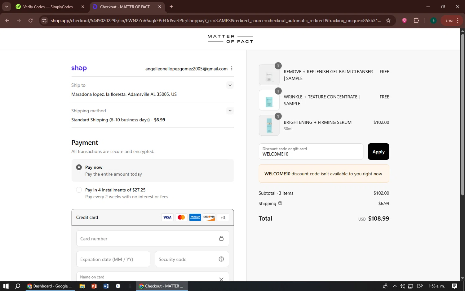 Matter Of Fact promo code screenshot showing code WELCOME10 applied at Matter Of Fact checkout page. Uploaded by SimplyCodes community member zizu55 on Sep 4, 2025