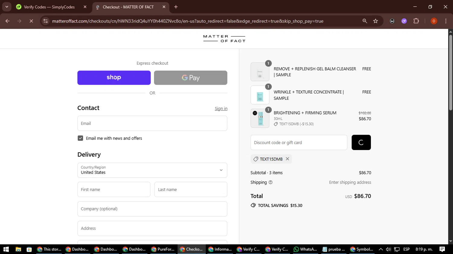 Matter Of Fact promo code screenshot showing code TEXT15DMB applied at Matter Of Fact checkout page. Uploaded by SimplyCodes community member CleverSpotter3730 on Sep 17, 2025