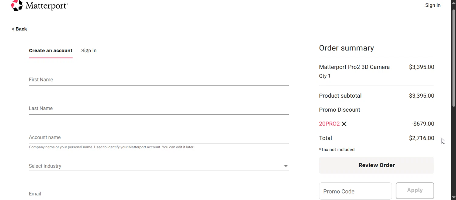 Matterport promo code screenshot showing code 20PRO2 applied at Matterport checkout page. Uploaded by SimplyCodes community member Enmanuel99 on Sep 14, 2025