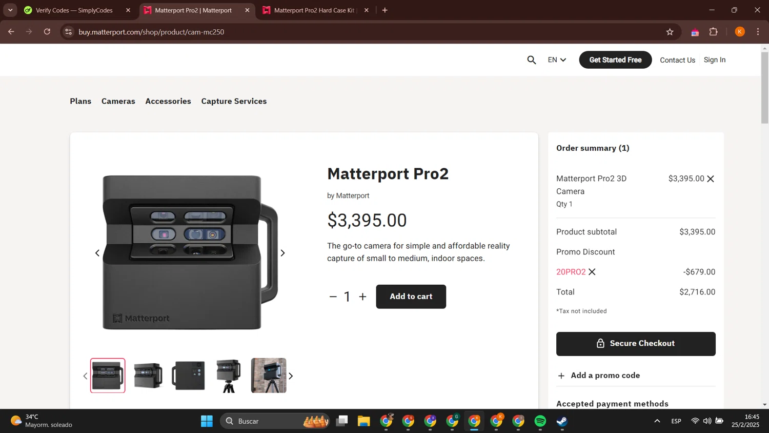 Matterport promo code screenshot showing code 20PRO2 applied at Matterport checkout page. Uploaded by SimplyCodes community member BonusCurator3058 on Feb 25, 2025