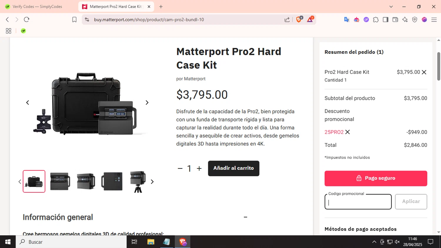 Matterport checkout page showing Matterport promo code box | Screenshot taken by SimplyCodes community member on Apr 28, 2025