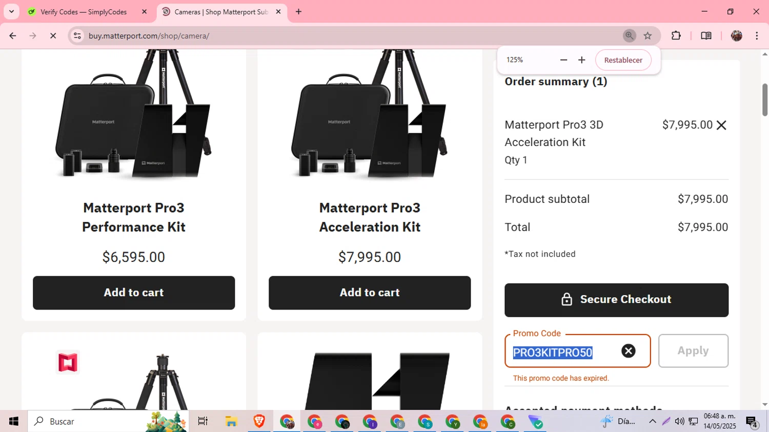 Matterport promo code screenshot showing code PRO3KITPRO50 applied at Matterport checkout page. Uploaded by SimplyCodes community member BargainExpert9390 on May 14, 2025