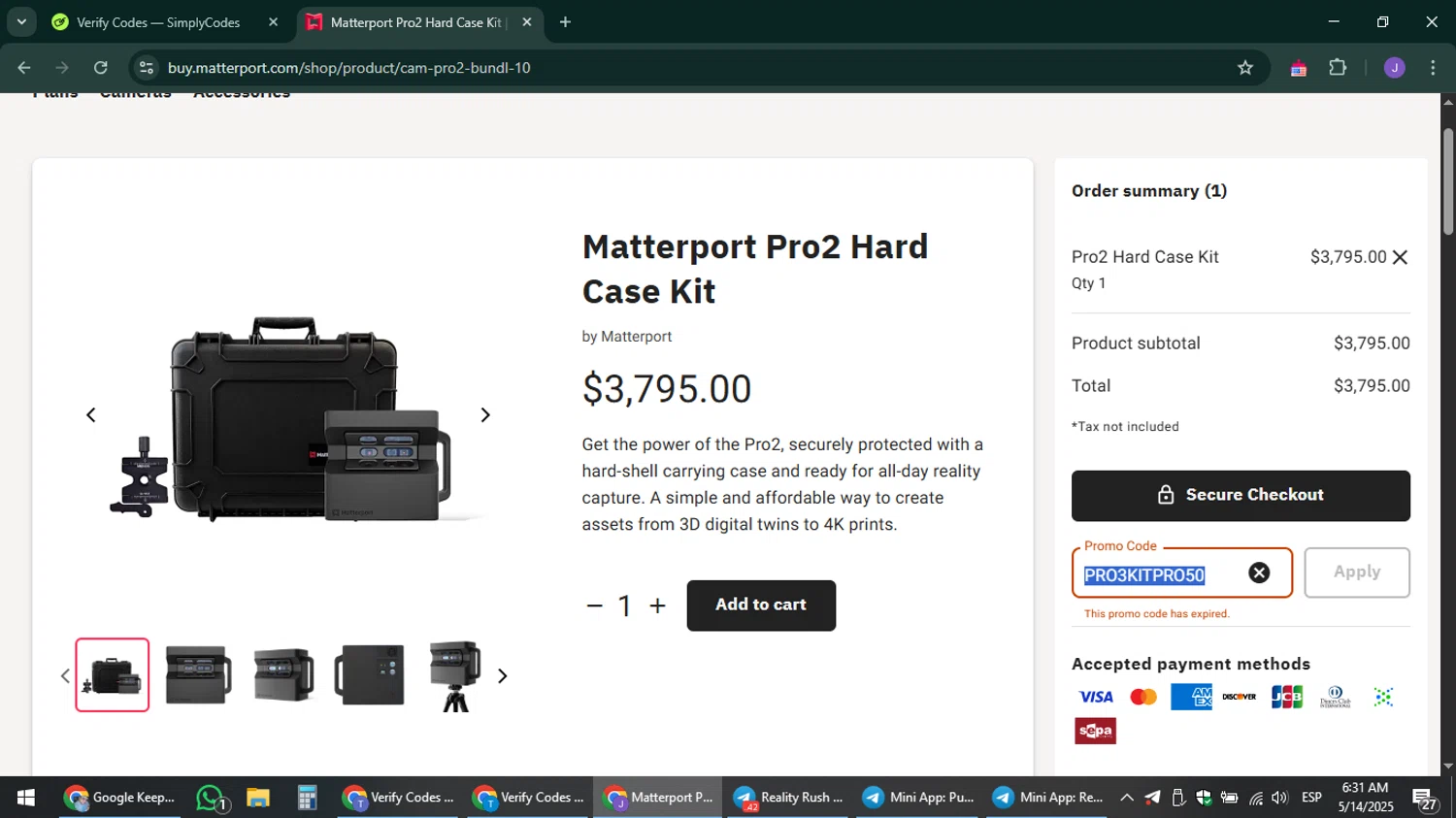 Matterport promo code screenshot showing code PRO3KITPRO50 applied at Matterport checkout page. Uploaded by SimplyCodes community member sniderjack453 on May 14, 2025